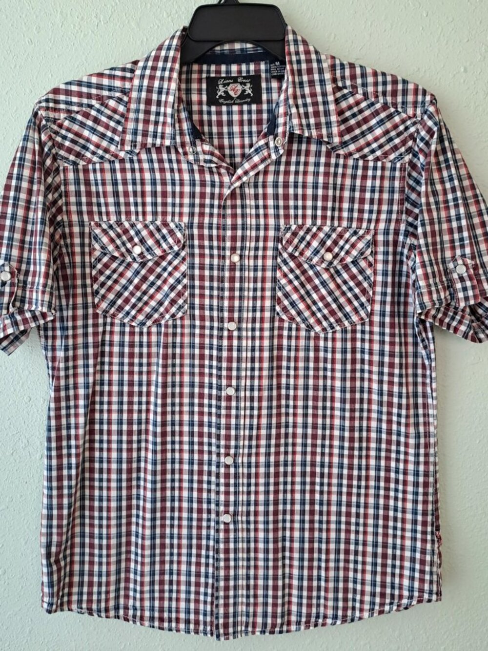 Vintage Lions Crest Western Pearl Snap Gingham Plaid short sleeve shirt Medium
